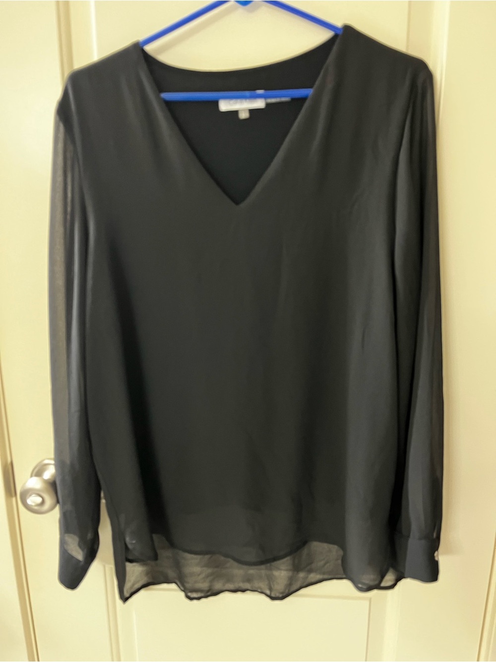 Calvin Klein Black V-Neck Long Sleeve Sheer-Hem Blouse